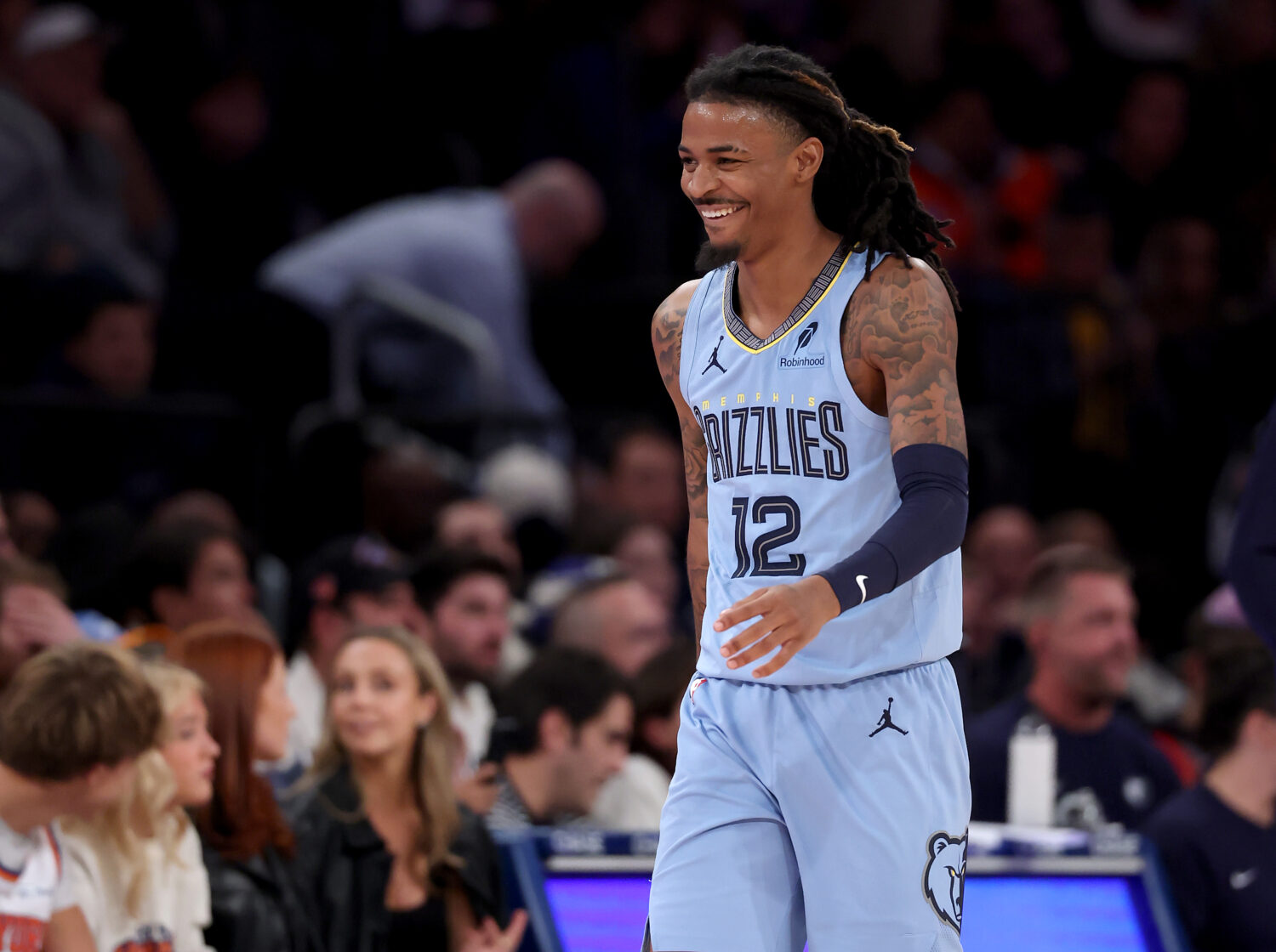 NEW YORK, NEW YORK - NOVEMBER 11: Ja Morant #12 of the Memphis Grizzlies reacts in the fourth quart...