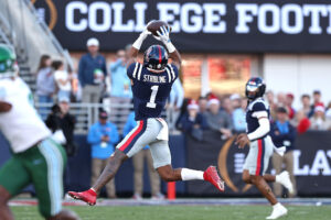 OXFORD, MISSISSIPPI - DECEMBER 20: De'Zhaun Stribling #1 of the Ole Miss Rebels makes a catch during the second quarter of the 2025 College Football Playoff First Round Game against the Tulane Green Wave at Vaught-Hemingway Stadium on December 20, 2025 in Oxford, Mississippi. (Photo by Justin Ford/Getty Images)