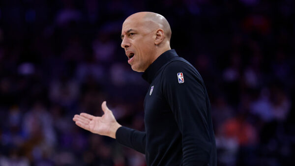 SACRAMENTO, CALIFORNIA - JANUARY 20: Head coach Doug Christie of the Sacramento Kings talks to his players during the game against the Miami Heat at Golden 1 Center on January 20, 2026 in Sacramento, California. NOTE TO USER: User expressly acknowledges and agrees that, by downloading and or using this photograph, User is consenting to the terms and conditions of the Getty Images License Agreement. (Photo by Lachlan Cunningham/Getty Images)