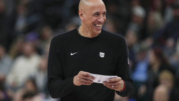 SALT LAKE CITY, UT - FEBRUARY 11: Head Coach Doug Christie of the Sacramento Kings laughs at an officials call during the second half of their game against the Utah Jazz at the Delta Center on February 11, 2026 in Salt Lake City, Utah. NOTE TO USER: User expressly acknowledges and agrees that, by downloading and or using this photograph, User is consenting to the terms and conditions of the Getty Images License Agreement.(Photo by Chris Gardner/Getty Images)