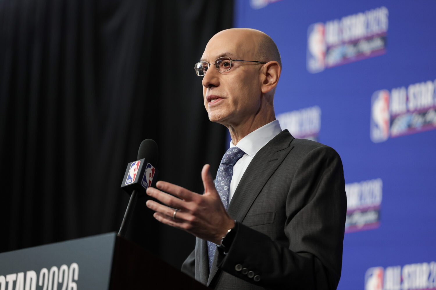 INGLEWOOD, CALIFORNIA - FEBRUARY 14: NBA Commissioner Adam Silver speaks during a press conference ...