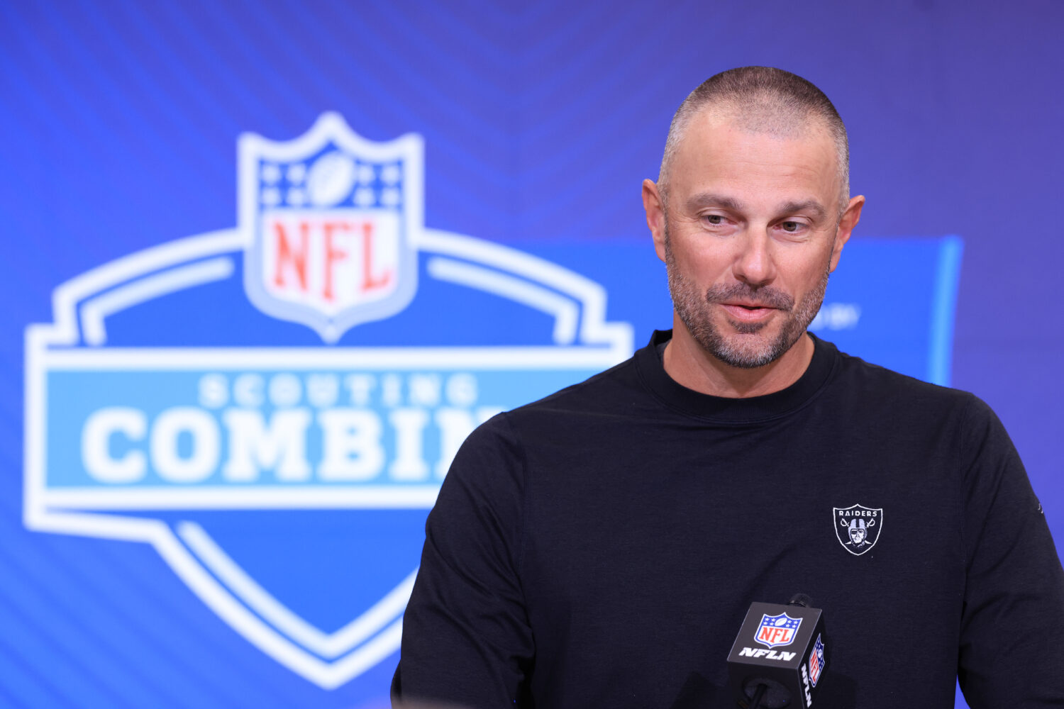 INDIANAPOLIS, INDIANA - FEBRUARY 24: General manager John Spytek of the Las Vegas Raiders speaks to...