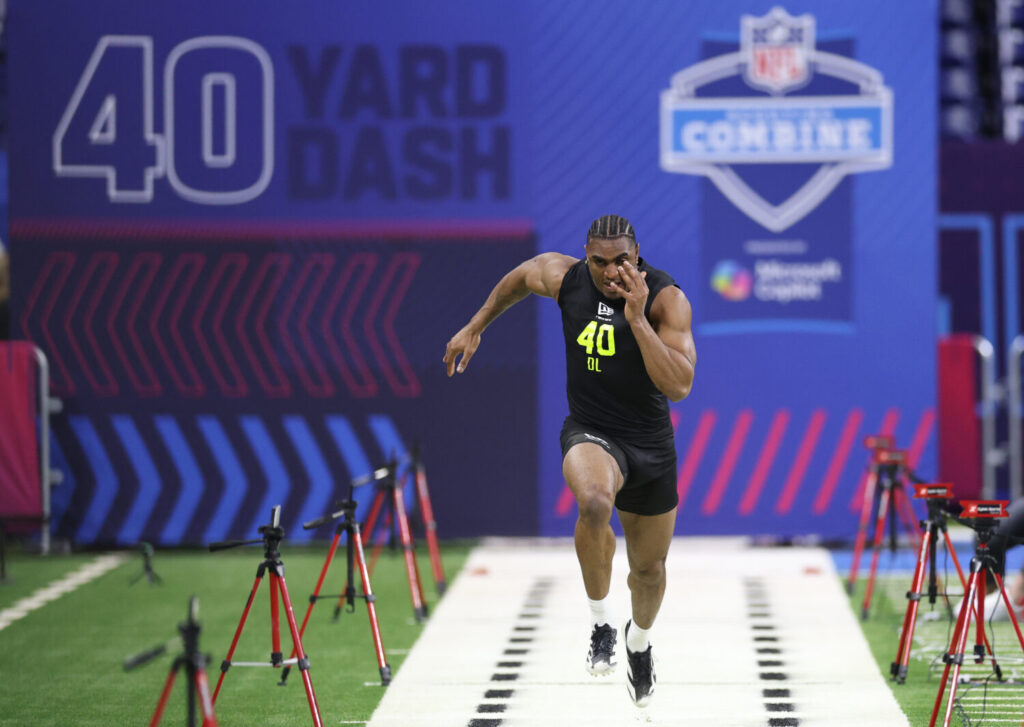 INDIANAPOLIS, INDIANA - FEBRUARY 26: Romello Height of the Texas Tech Red Raiders participates in the 40-yard dash during the 2026 NFL Scouting Combine at Lucas Oil Stadium on February 26, 2026 in Indianapolis, Indiana. (Photo by Stacy Revere/Getty Images)