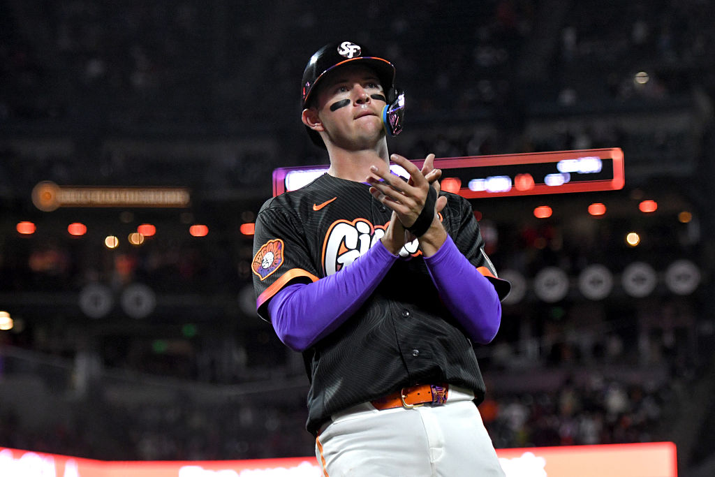 SAN FRANCISCO, CALIFORNIA - APRIL 7: Daniel Susac #6 of the San Francisco Giants celebrates after s...