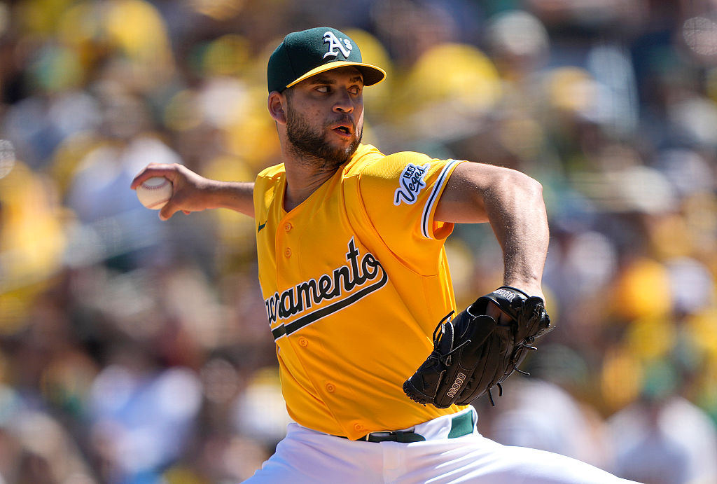 SACRAMENTO, CALIFORNIA - APRIL 04: Luis Morales #19 of the Athletics pitches against the Houston As...