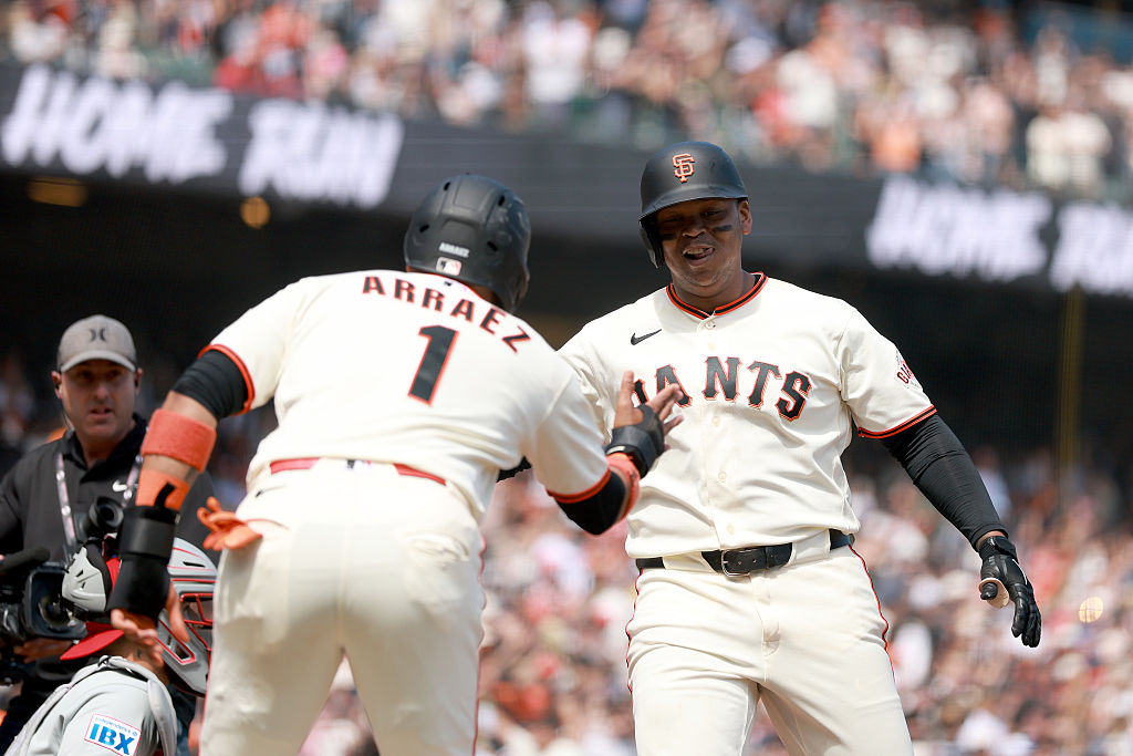 SAN FRANCISCO, CALIFORNIA - APRIL 08: Rafael Devers #16 of the San Francisco Giants is congratulate...