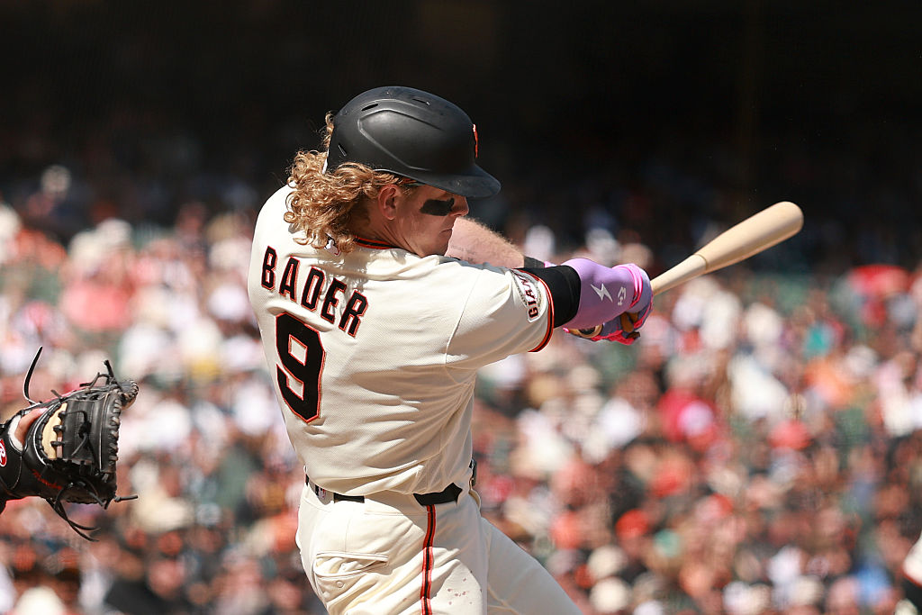SAN FRANCISCO, CALIFORNIA - APRIL 08: Harrison Bader #9 of the San Francisco Giants bats against th...