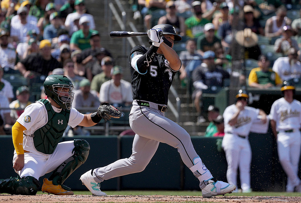 SACRAMENTO, CALIFORNIA - APRIL 19: Munetaka Murakami #5 of the Chicago White Sox grounds out to sec...