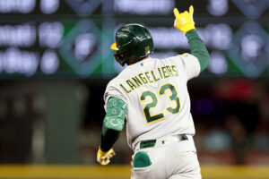 SEATTLE, WASHINGTON - APRIL 21: Shea Langeliers #23 of the Athletics reacts after his solo home run during the seventh inning against the Seattle Mariners at T-Mobile Park on April 21, 2026 in Seattle, Washington. (Photo by Steph Chambers/Getty Images)
