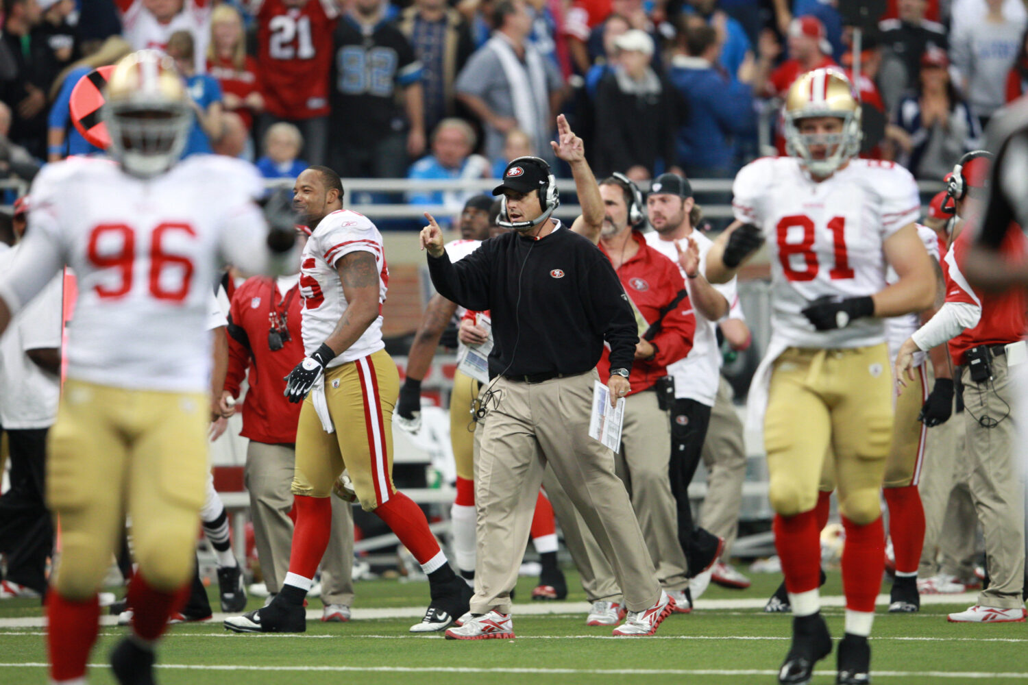 DETROIT - OCTOBER 16: Jim Harbaugh, coach of the San Francisco 49ers, during the NFL game against t...