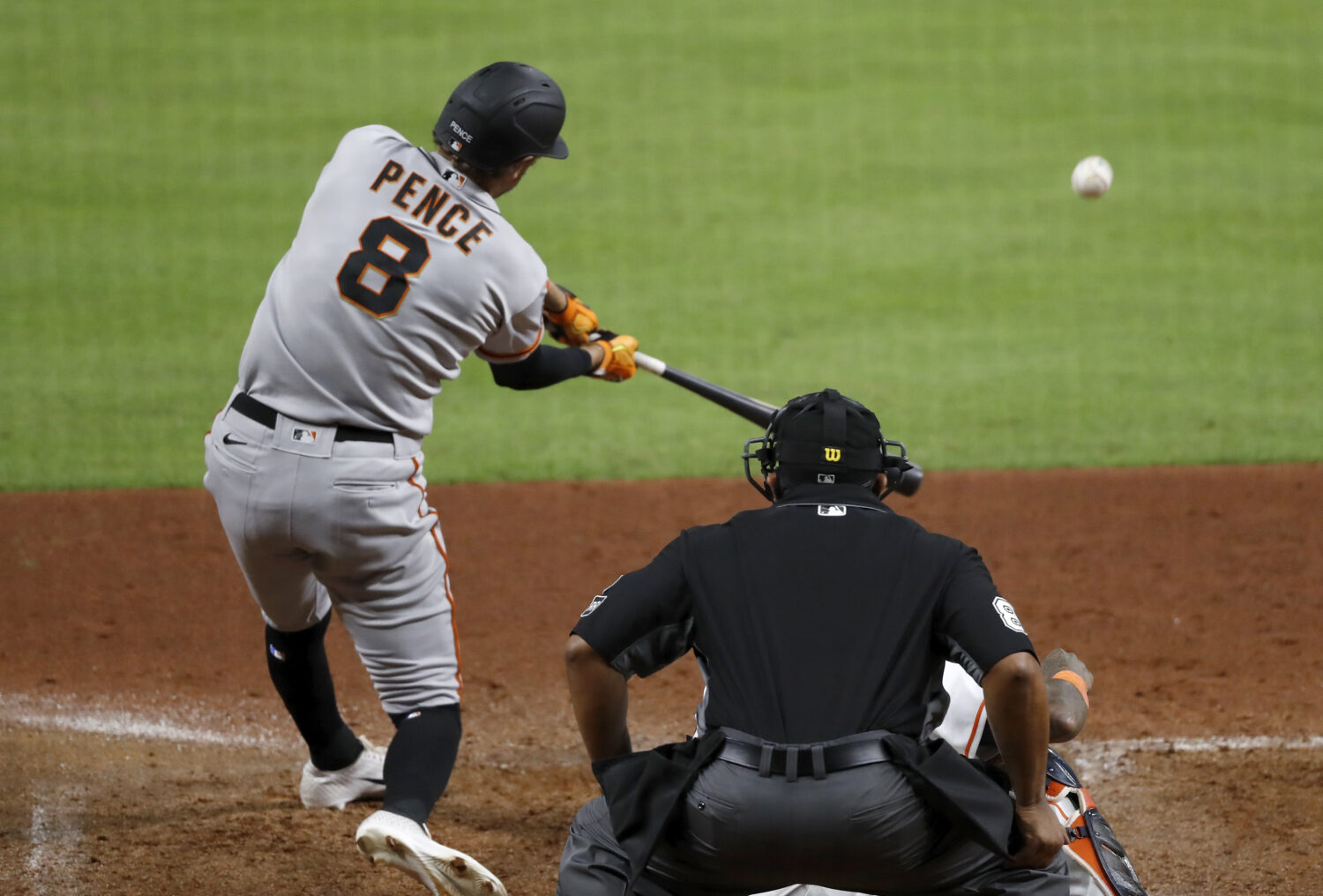 HOUSTON, TEXAS - AUGUST 11: Hunter Pence #8 of the San Francisco Giants hits a three-run home run i...