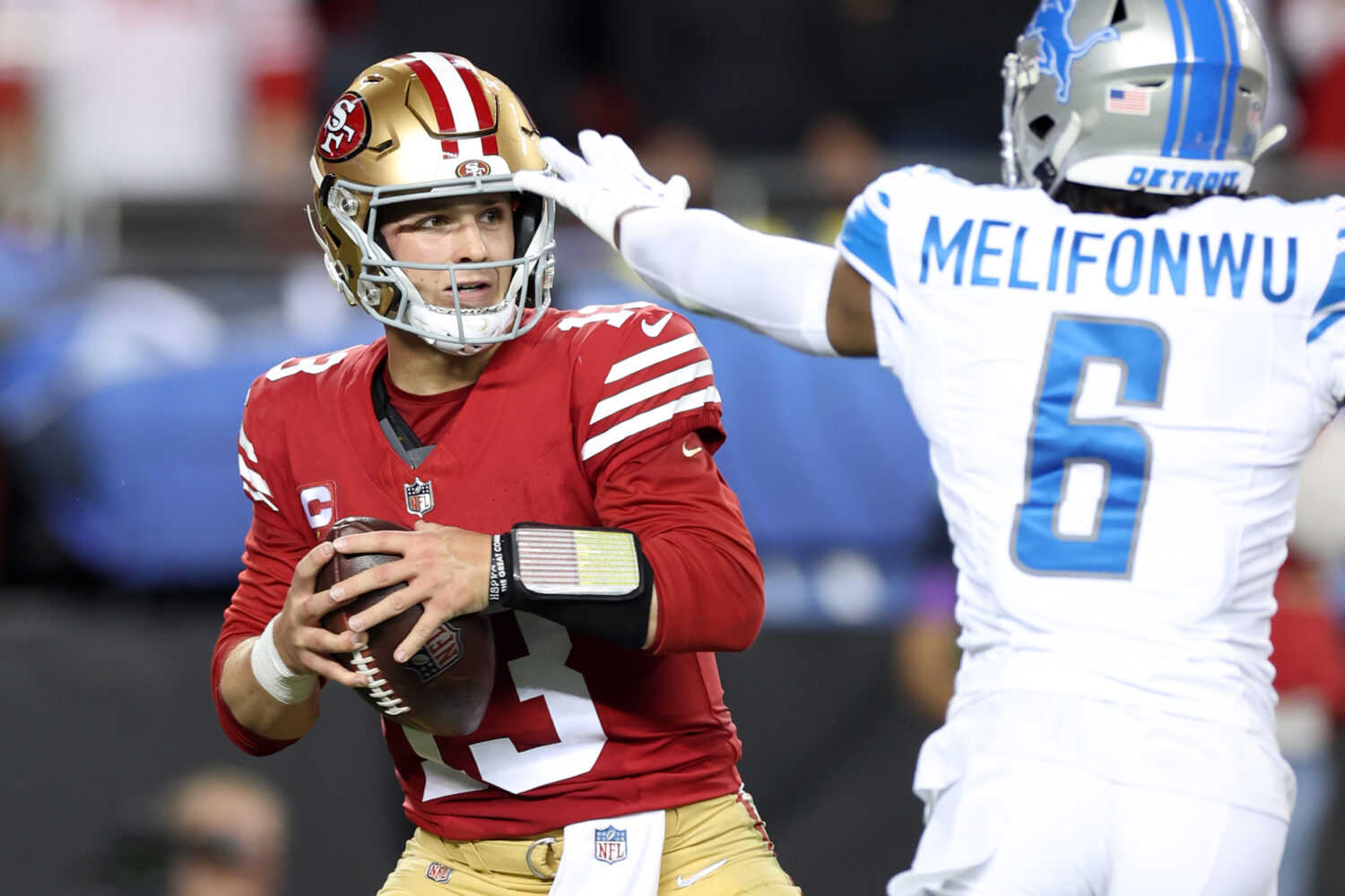 SANTA CLARA, CALIFORNIA - JANUARY 28: Brock Purdy #13 of the San Francisco 49ers looks to throw the...