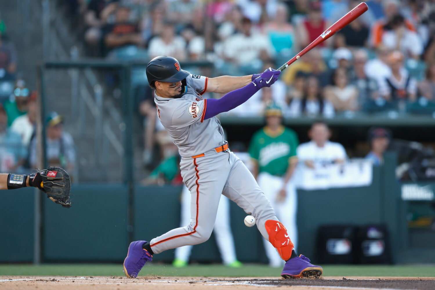 SACRAMENTO, CALIFORNIA - JULY 06: Willy Adames #2 of the San Francisco Giants fouls off a ball into...