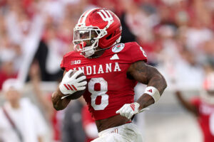 PASADENA, CALIFORNIA - JANUARY 01: Kaelon Black #8 of the Indiana Hoosiers in action against the Alabama Crimson Tide in the College Football Playoff Quarterfinal at Rose Bowl Stadium on January 01, 2026 in Pasadena, California. (Photo by Luke Hales/Getty Images)
