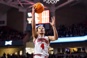 LUBBOCK, TEXAS - JANUARY 24: Kingston Flemings #4 of the Houston Cougars lays the ball up during the second half of the game against the Texas Tech Red Raiders at United Supermarkets Arena on January 24, 2026 in Lubbock, Texas. (Photo by John E. Moore III/Getty Images)