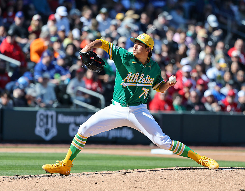 LAS VEGAS, NEVADA - MARCH 07: Gage Jump #79 of the Athletics throws a pitch against the Los Angeles...