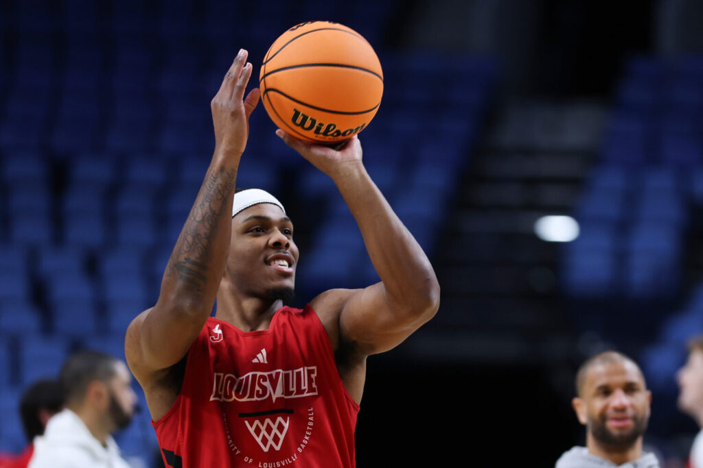 NEW YORK, NEW YORK - MARCH 14: Ryan Conwell #3 of the Louisville Cardinals shoots the ball during practice day ahead of the first round of the 2026 NCAA Men's Basketball Tournament at KeyBank Center on March 18, 2026 in Buffalo, New York. (Photo by Ishika Samant/Getty Images)