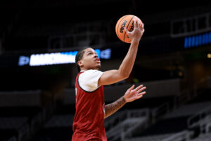 SAN JOSE, CALIFORNIA - MARCH 25: Darius Acuff Jr. #5 of the Arkansas Razorbacks shoots the ball during the Sweet Sixteen Practice Day at SAP Center on March 25, 2026 in San Jose, California. (Photo by Ezra Shaw/Getty Images)