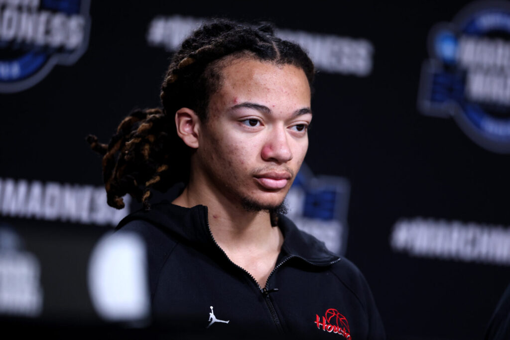 HOUSTON, TEXAS - MARCH 25: Kingston Flemings #4 of the Houston Cougars speaks with the media during the Sweet Sixteen Practice Day at Toyota Center on March 25, 2026 in Houston, Texas. (Photo by Kenneth Richmond/Getty Images)