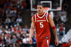 SAN JOSE, CALIFORNIA - MARCH 26: Darius Acuff Jr. #5 of the Arkansas Razorbacks looks on against the Arizona Wildcats during the first half in the Sweet Sixteen of the 2026 NCAA Men's Basketball Tournament at SAP Center on March 26, 2026 in San Jose, California. (Photo by Ezra Shaw/Getty Images)