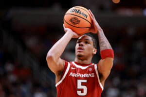 SAN JOSE, CALIFORNIA - MARCH 26: Darius Acuff Jr. #5 of the Arkansas Razorbacks shoots a free throw against the Arizona Wildcats during the first half in the Sweet Sixteen of the 2026 NCAA Men's Basketball Tournament at SAP Center on March 26, 2026 in San Jose, California. (Photo by Ezra Shaw/Getty Images)