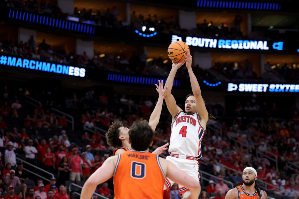 HOUSTON, TEXAS - MARCH 26: Kingston Flemings #4 of the Houston Cougars shoots the ball against the Illinois Fighting Illini during the first half in the Sweet Sixteen of the 2026 NCAA Men's Basketball Tournament at Toyota Center on March 26, 2026 in Houston, Texas. (Photo by Alex Slitz/Getty Images)
