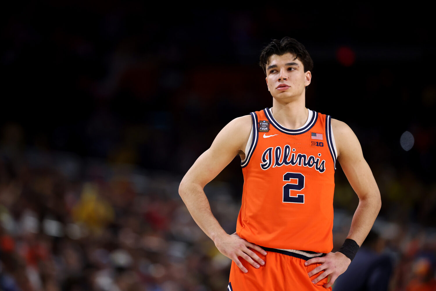 INDIANAPOLIS, INDIANA - APRIL 04: Andrej Stojakovic #2 of the Illinois Fighting Illini looks on whi...