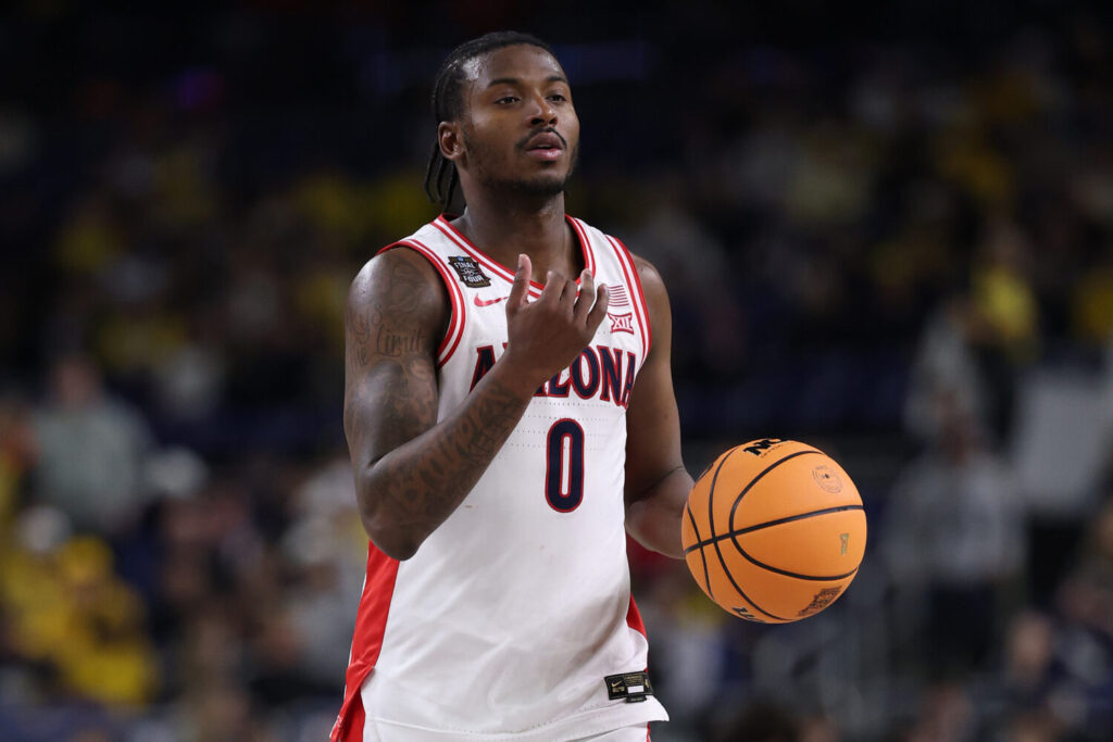 INDIANAPOLIS, INDIANA - APRIL 04: Jaden Bradley #0 of the Arizona Wildcats dribbles up the court against the Michigan Wolverines in the Final Four of the 2026 NCAA Men's Basketball Tournament at Lucas Oil Stadium on April 04, 2026 in Indianapolis, Indiana. (Photo by Michael Reaves/Getty Images)