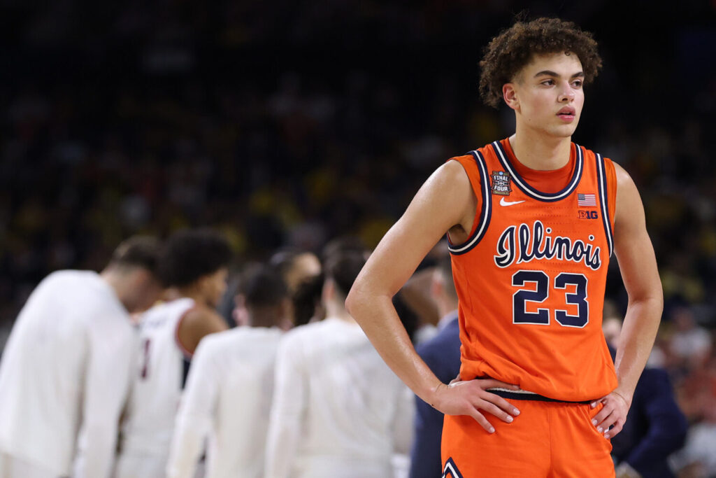 INDIANAPOLIS, INDIANA - APRIL 04: Keaton Wagler #23 of the Illinois Fighting Illini looks on against the UConn Huskies in the Final Four of the 2026 NCAA Men's Basketball Tournament at Lucas Oil Stadium on April 04, 2026 in Indianapolis, Indiana. (Photo by Michael Reaves/Getty Images)