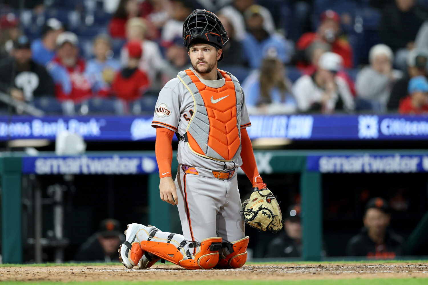PHILADELPHIA, PENNSYLVANIA - APRIL 28: Patrick Bailey #14 of the San Francisco Giants looks on duri...