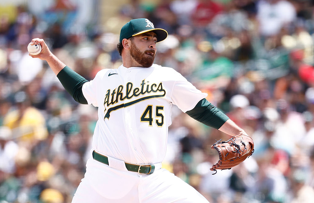 SACRAMENTO, CALIFORNIA - MAY 3: Aaron Civale #45 of the Athletics pitches the ball against the Clev...