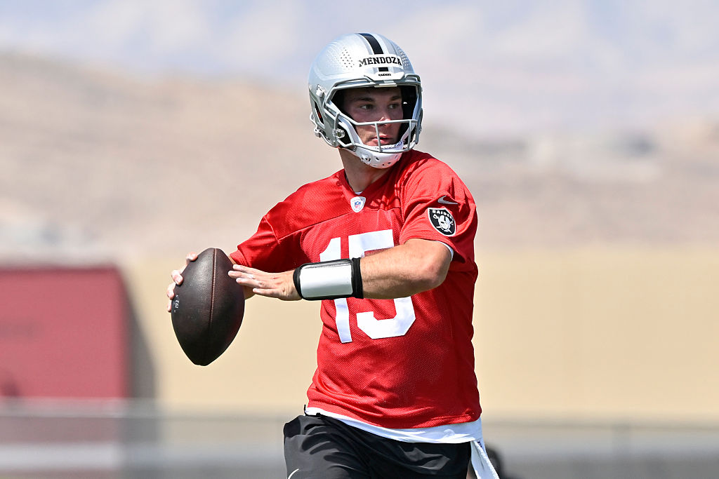 HENDERSON, NEVADA - MAY 02: Fernando Mendoza #15 of the Las Vegas Raiders looks to pass during the ...