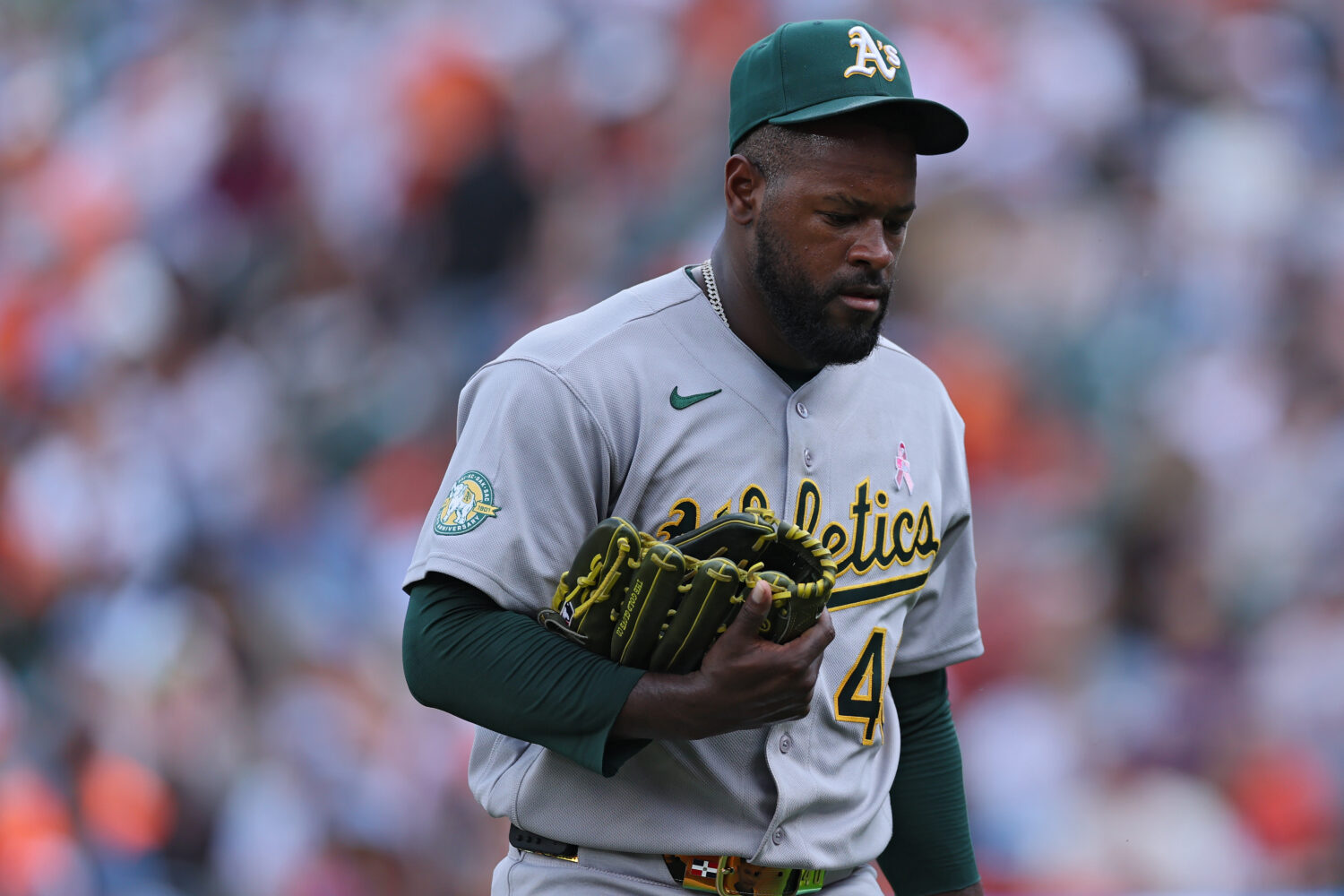 BALTIMORE, MARYLAND - MAY 10: Starting pitcher Luis Severino #40 of the Athletics reacts after pitc...