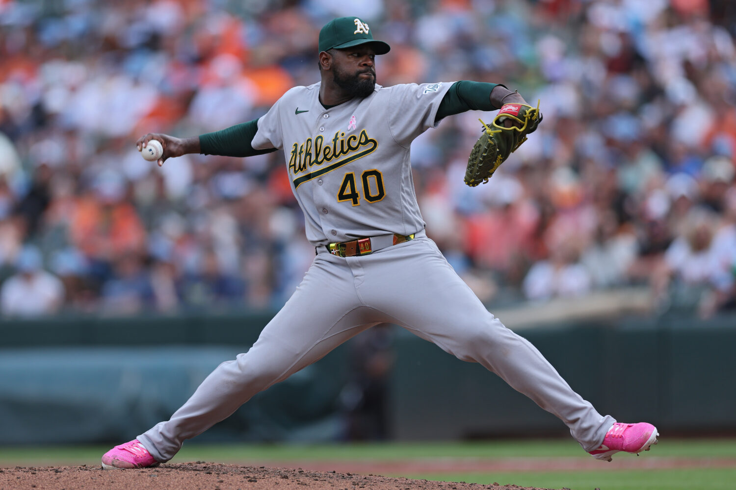 BALTIMORE, MARYLAND - MAY 10: Starting pitcher Luis Severino #40 of the Athletics works the second ...