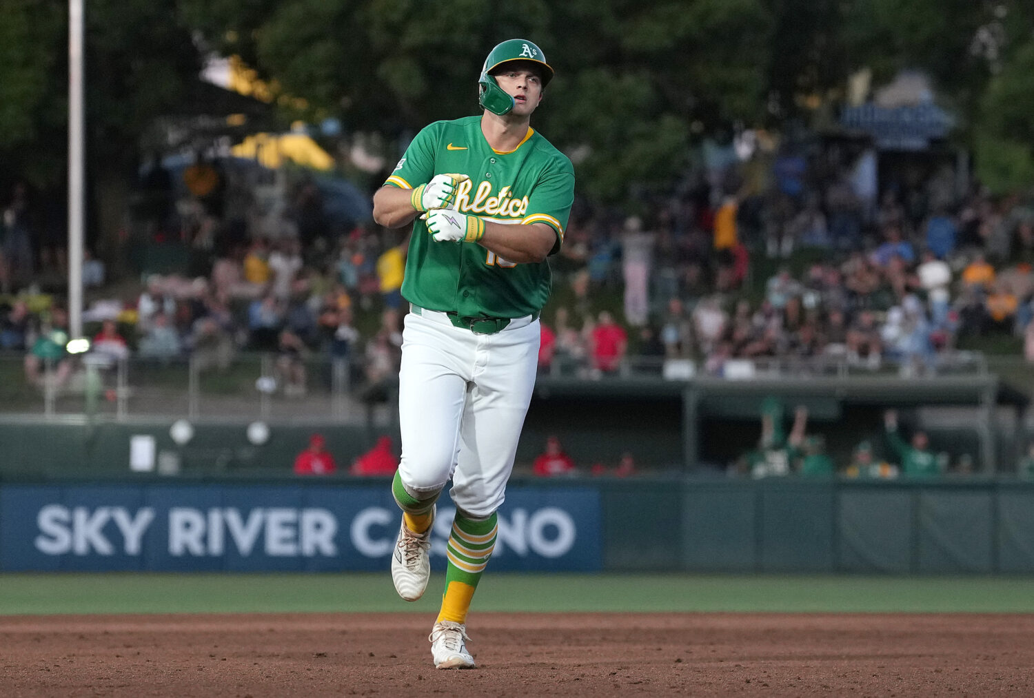 SACRAMENTO, CALIFORNIA - MAY 13: Nick Kurtz #16 of the Athletics celebrates as he trots around the ...