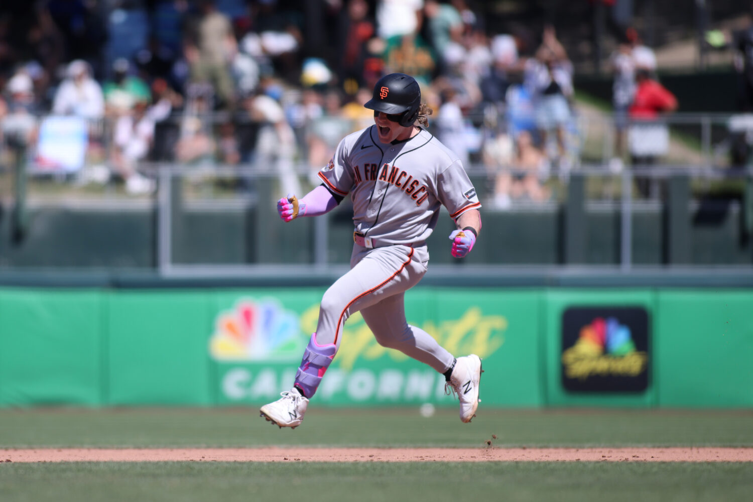 SACRAMENTO, CALIFORNIA - MAY 17: Harrison Bader #9 of the San Francisco Giants jogs around the base...