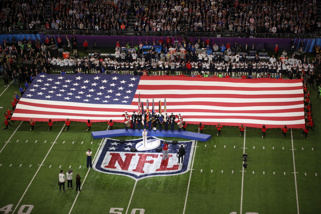 MINNEAPOLIS, MN - FEBRUARY 04: Pink sings the national anthem prior to Super Bowl LII between the N...