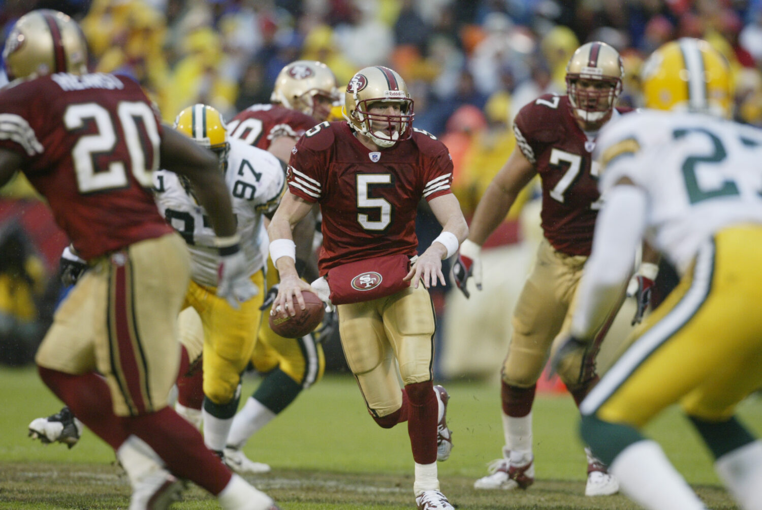 SAN FRANCISCO - DECEMBER 15: Quarterback Jeff Garcia #5 of the San Francisco 49ers scrambles during...