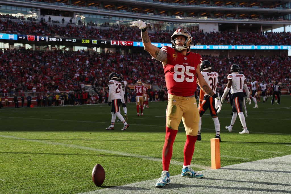 SANTA CLARA, CALIFORNIA - DECEMBER 08: George Kittle #85 of the San Francisco 49ers reacts after a ...
