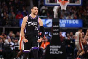 DETROIT, MICHIGAN - APRIL 07: Zach LaVine #8 of the Sacramento Kings reacts after a second half three point basket against the Detroit Pistons at Little Caesars Arena on April 07, 2025 in Detroit, Michigan. Sacramento won the game 127-117. NOTE TO USER: User expressly acknowledges and agrees that, by downloading and or using this photograph, User is consenting to the terms and conditions of the Getty Images License. (Photo by Gregory Shamus/Getty Images)