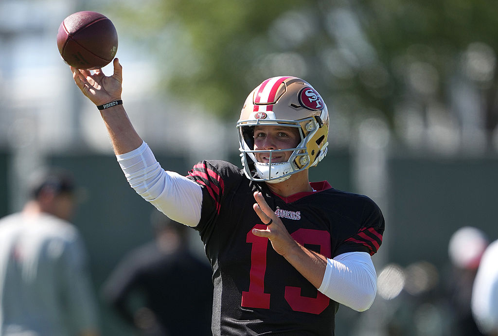 SANTA CLARA, CALIFORNIA - AUGUST 04: Brock Purdy #13 of the San Francisco 49ers throws a pass durin...