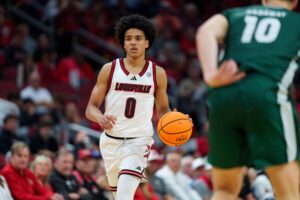 LOUISVILLE, KENTUCKY - NOVEMBER 15: Mikel Brown Jr. #0 of the Louisville Cardinals dribbles the ball up court against the Ohio Bobcats at KFC YUM! Center on November 15, 2025 in Louisville, Kentucky. (Photo by Chris Carter/Getty Images)