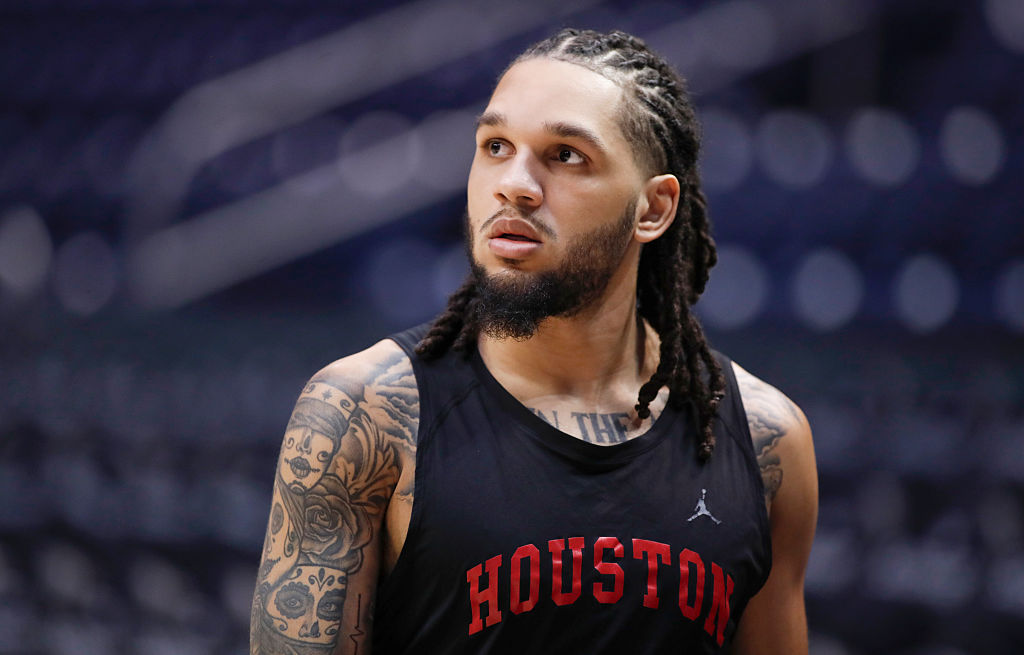 PROVO, UT - FEBRUARY 7: Emanuel Sharp #21 of the Houston Cougars warms up before their game against...