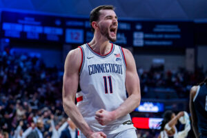 STORRS, CONNECTICUT - FEBRUARY 14: Alex Karaban #11 of the Connecticut Huskies reacts during the second half of the NCAA men's basketball game against the Georgetown Hoyas at Harry A. Gampel Pavilion on February 14, 2026 in Storrs, Connecticut. (Photo by Joe Buglewicz/Getty Images)
