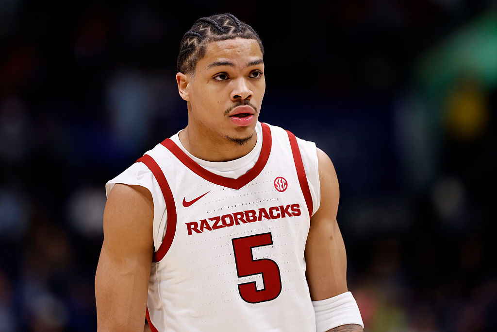 NASHVILLE, TENNESSEE - MARCH 13: Darius Acuff Jr. #5 of the Arkansas Razorbacks looks on during the...