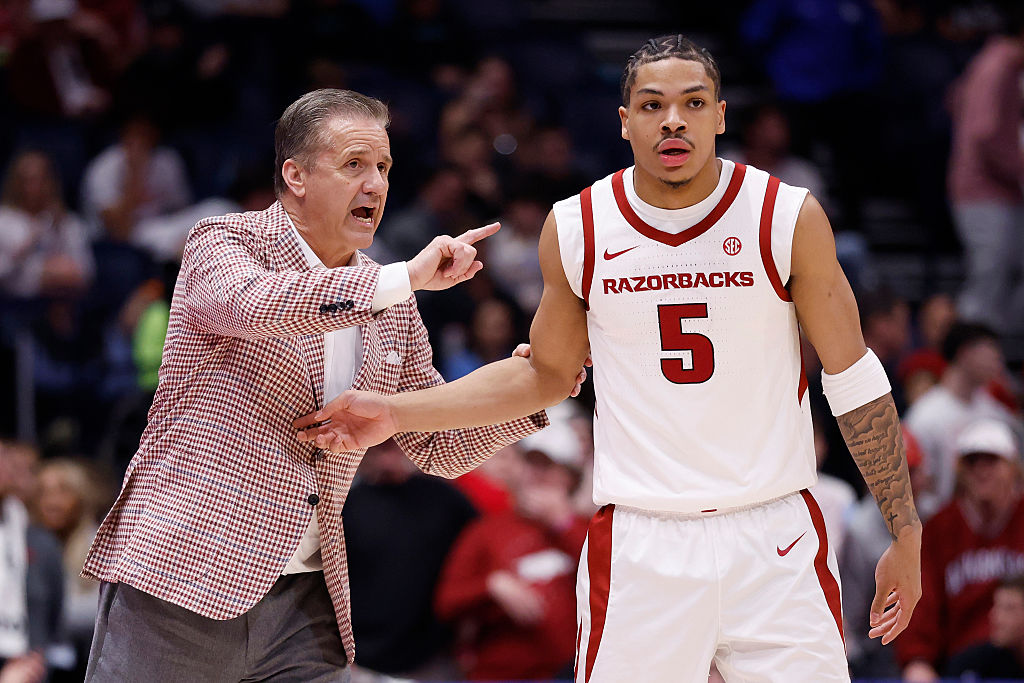 NASHVILLE, TENNESSEE - MARCH 13: Head coach John Calipari and Darius Acuff Jr. #5 of the Arkansas R...
