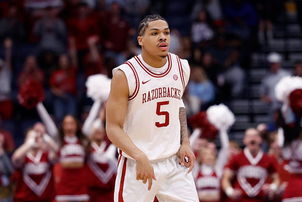NASHVILLE, TENNESSEE - MARCH 14: Darius Acuff Jr. #5 of the Arkansas Razorbacks dribbles the ball d...