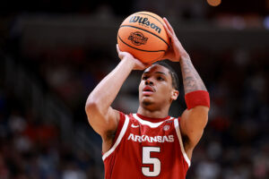 SAN JOSE, CALIFORNIA - MARCH 26: Darius Acuff Jr. #5 of the Arkansas Razorbacks shoots a free throw against the Arizona Wildcats during the first half in the Sweet Sixteen of the 2026 NCAA Men's Basketball Tournament at SAP Center on March 26, 2026 in San Jose, California. (Photo by Ezra Shaw/Getty Images) Sacramento Kings