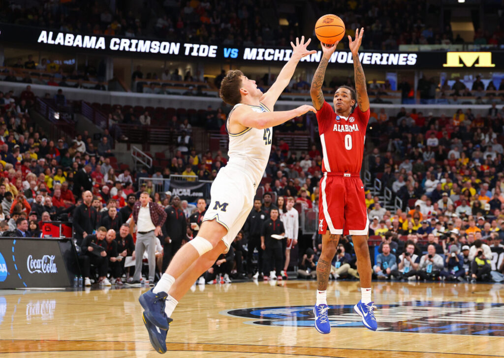 Sactown Scouting Report: Labaron Philon #0 of the Alabama Crimson Tide attempts a jump shot against Will Tschetter #42 of the Michigan Wolverines during the first half in the Sweet Sixteen of the 2026 NCAA Men's Basketball Tournament at the United Center on March 27, 2026 in Chicago, Illinois. (Photo by Gregory Shamus/Getty Images)