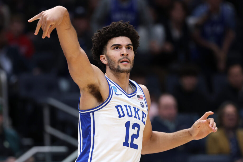 Sactown Scouting Report: Cameron Boozer #12 of the Duke Blue Devils reacts during the first half of a game against the UConn Huskies in the Elite Eight of the 2026 NCAA Men's Basketball Tournament at Capital One Arena on March 29, 2026 in Washington, DC. (Photo by Patrick Smith/Getty Images)